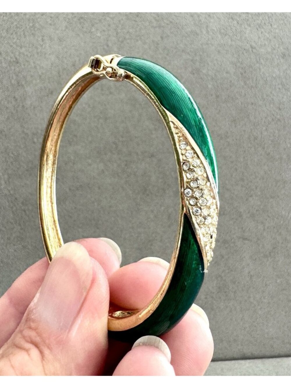 Vtg CHRISTIAN DIOR  Rhinestone + Green ENAMEL BANGLE BRACELET 6.5" Inside Signed